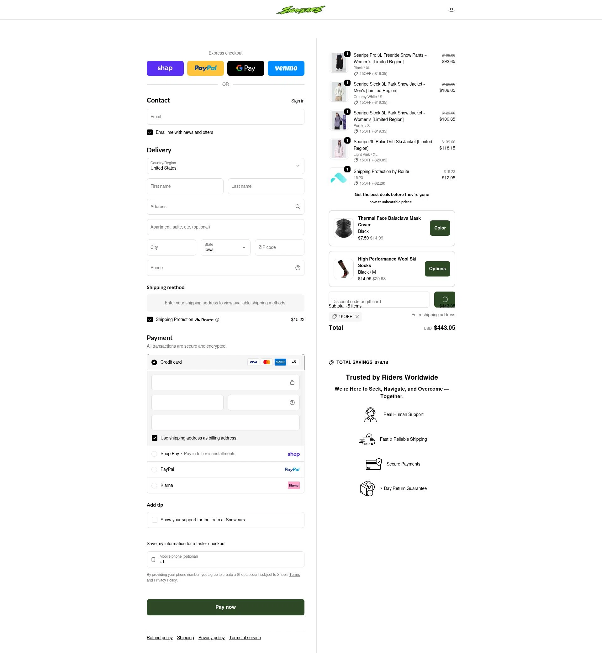 Snowears checkout page showing Snowears discount code box | Screenshot taken by SimplyCodes community member on Feb 16, 2026