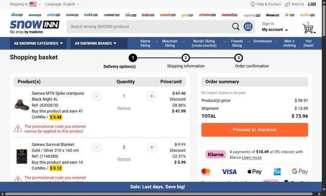 Snowinn checkout page showing Snowinn promo code box | Screenshot taken by SimplyCodes community member on Aug 10, 2025