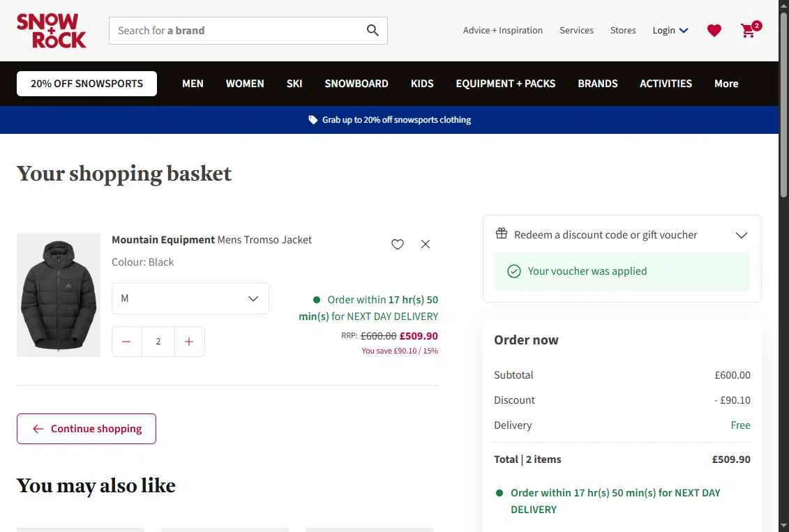 Snow+Rock checkout page showing Snow+Rock promo code box | Screenshot taken by SimplyCodes community member on Dec 11, 2025