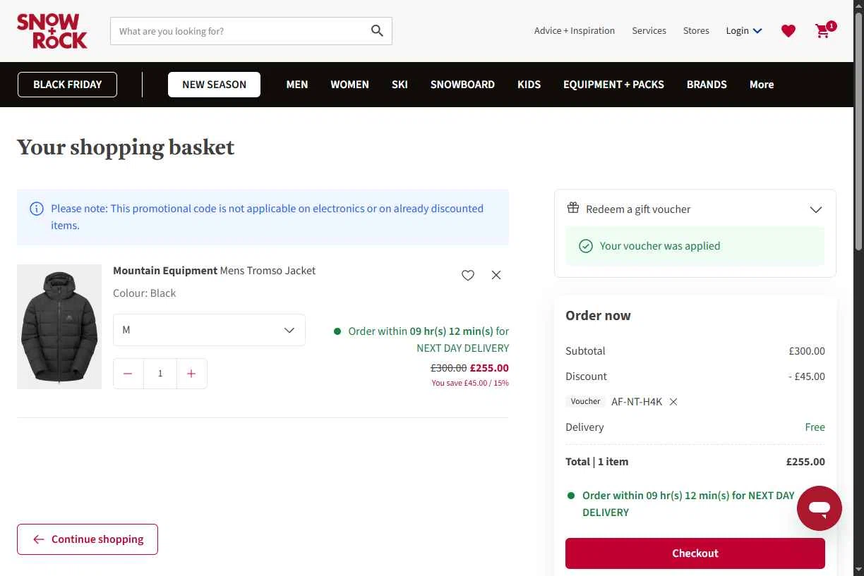 Snow+Rock checkout page showing Snow+Rock promo code box | Screenshot taken by SimplyCodes community member on Nov 20, 2025