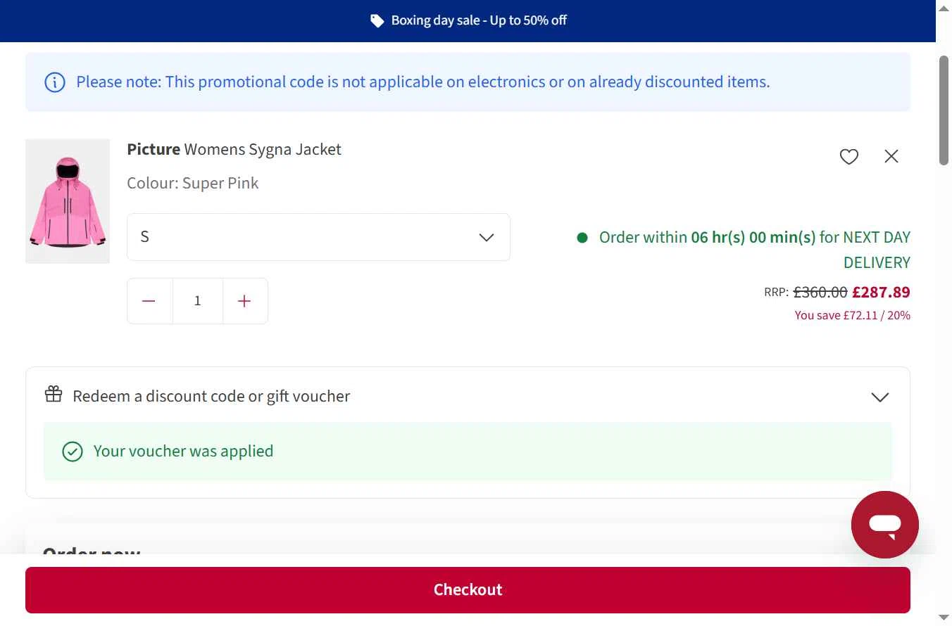 Snow+Rock checkout page showing Snow+Rock promo code box | Screenshot taken by SimplyCodes community member on Dec 29, 2025
