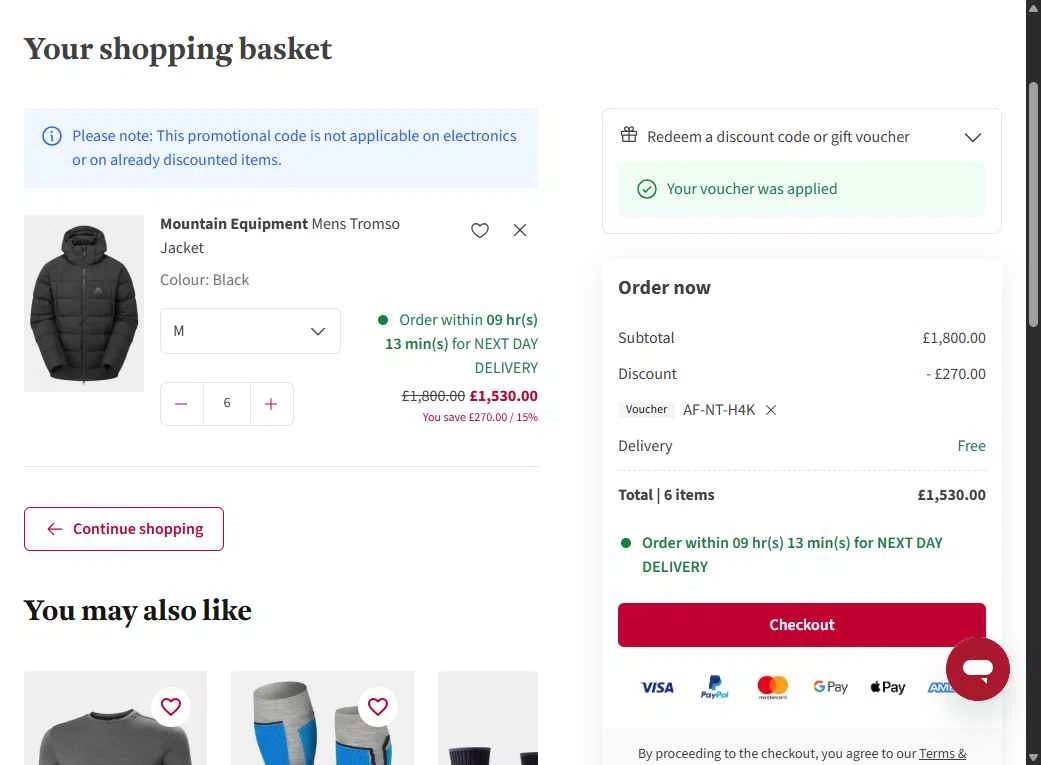 Snow+Rock checkout page showing Snow+Rock promo code box | Screenshot taken by SimplyCodes community member on Nov 20, 2025