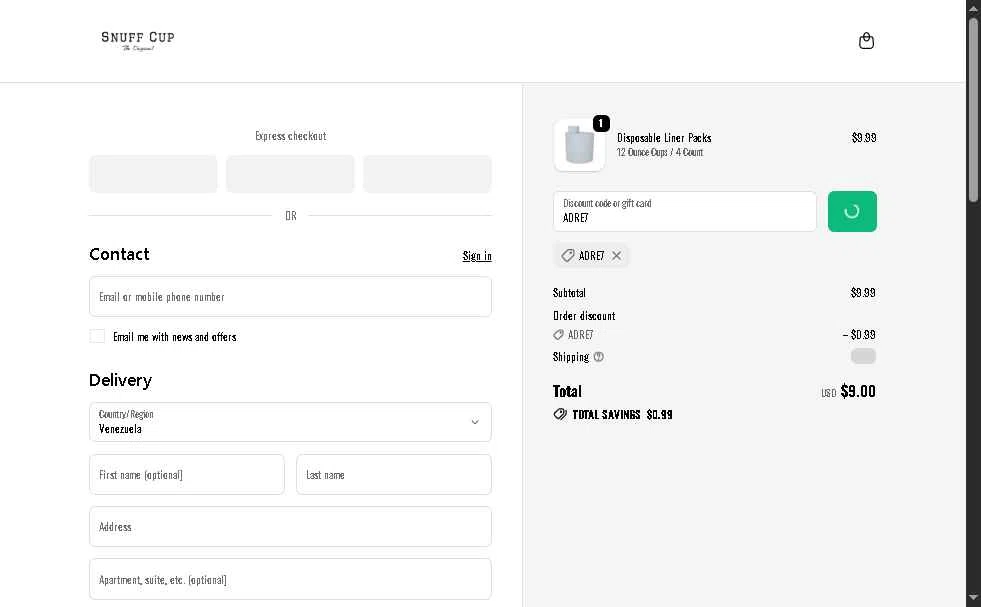 Snuff Cup checkout page showing Snuff Cup promo code box | Screenshot taken by SimplyCodes community member on Jan 6, 2026