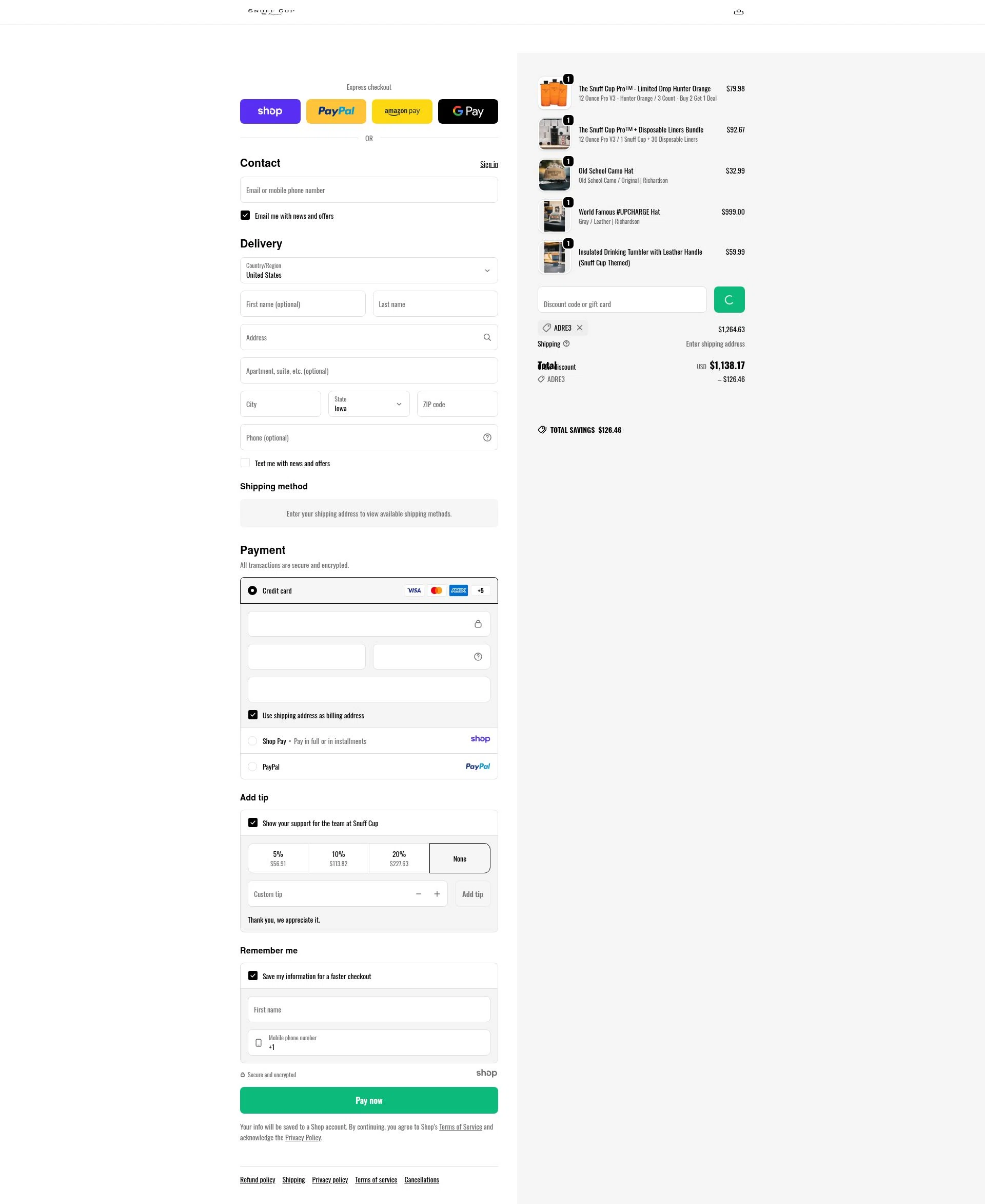 Snuff Cup checkout page showing Snuff Cup promo code box | Screenshot taken by SimplyCodes community member on Jan 5, 2026