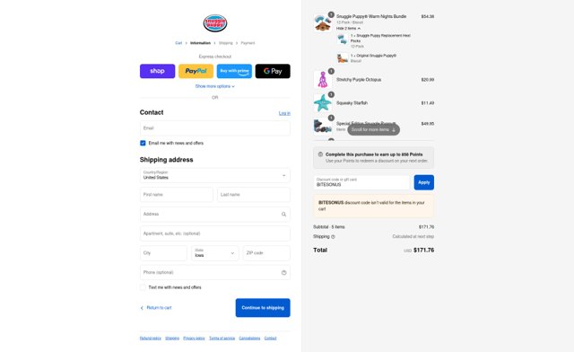 Snuggle Puppy checkout page showing Snuggle Puppy discount code box | Screenshot taken by SimplyCodes community member on Sep 4, 2025