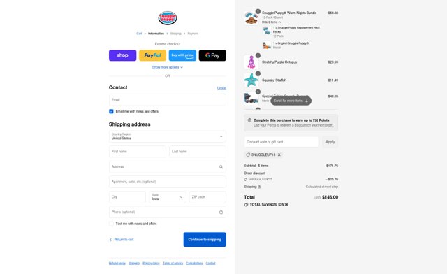 Snuggle Puppy checkout page showing Snuggle Puppy discount code box | Screenshot taken by SimplyCodes community member on Sep 4, 2025