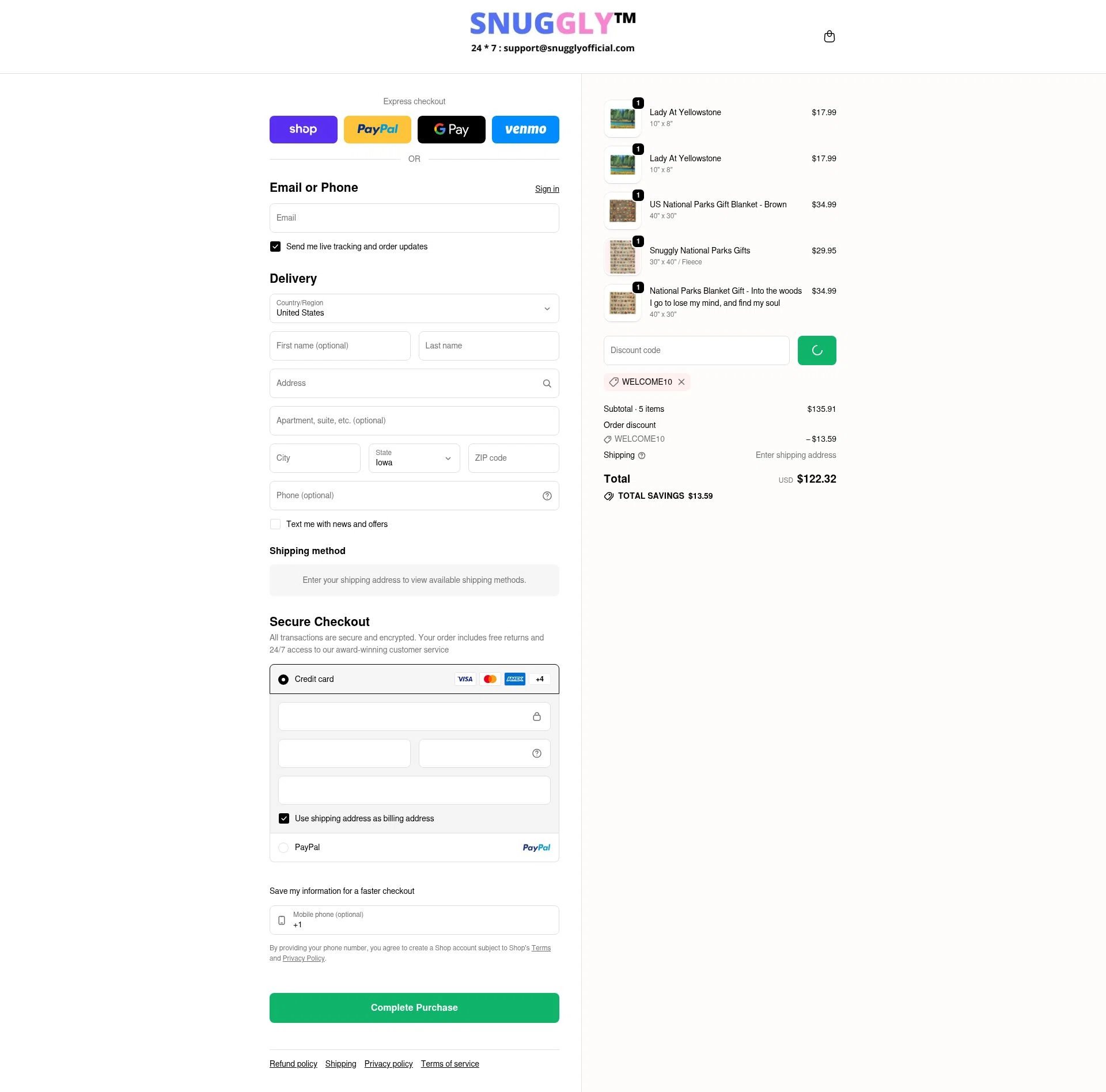 Snuggly checkout page showing Snuggly discount code box | Screenshot taken by SimplyCodes community member on Feb 5, 2026