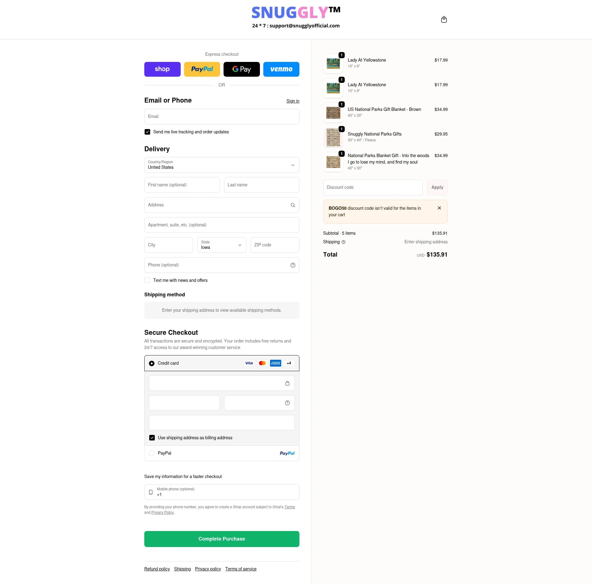Snuggly checkout page showing Snuggly discount code box | Screenshot taken by SimplyCodes community member on Feb 5, 2026