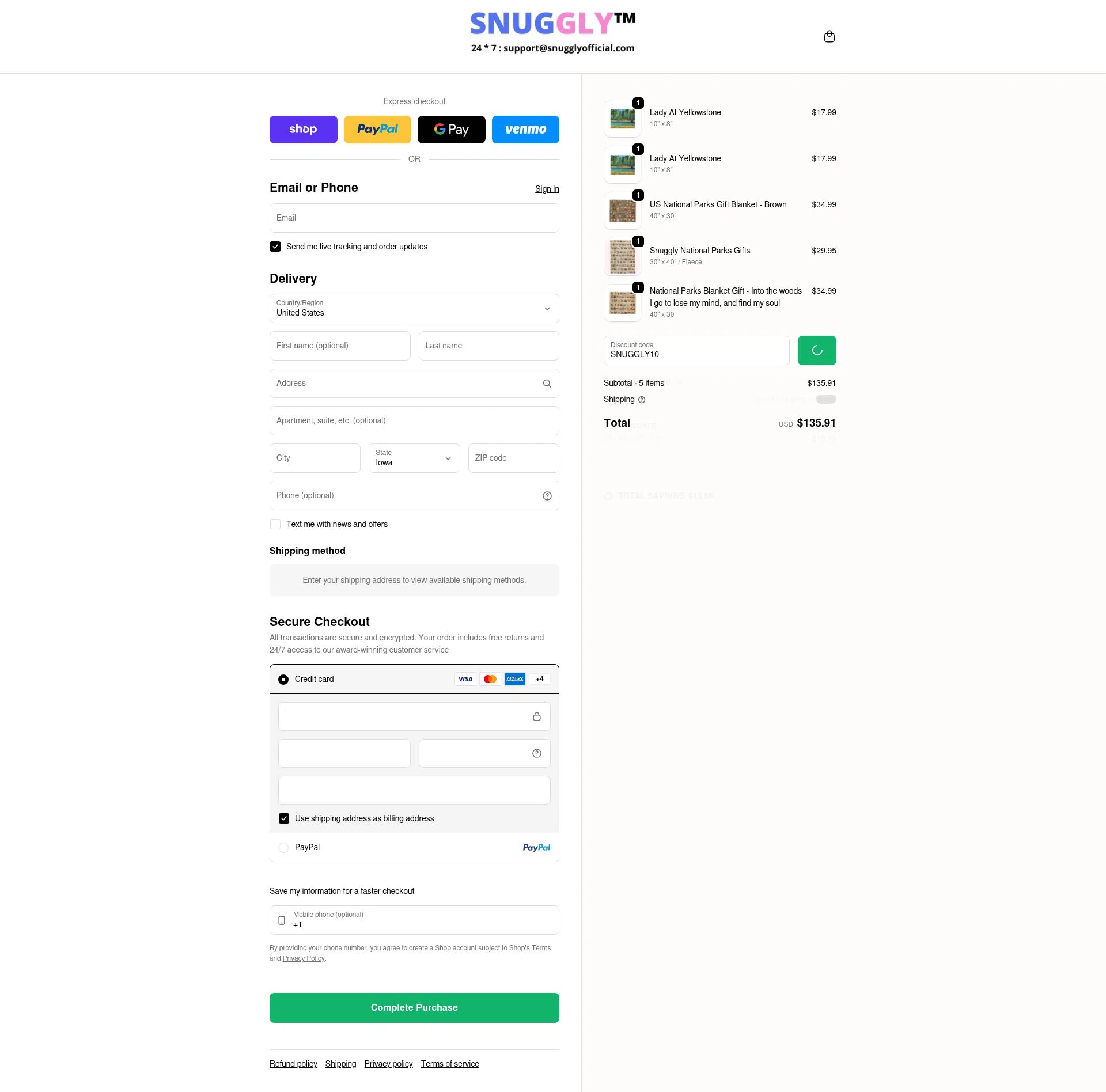 Snuggly checkout page showing Snuggly discount code box | Screenshot taken by SimplyCodes community member on Feb 5, 2026