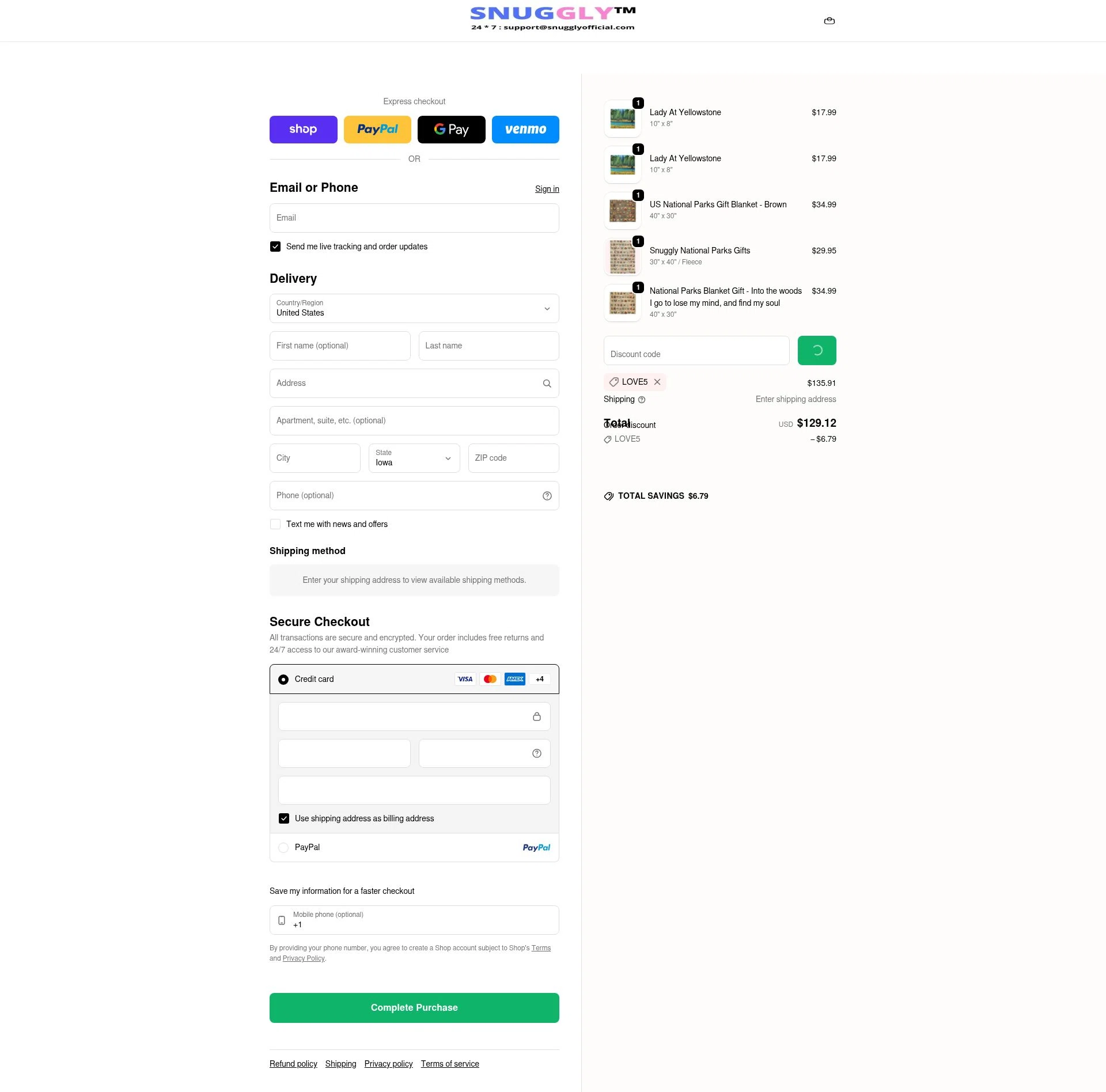 Snuggly checkout page showing Snuggly discount code box | Screenshot taken by SimplyCodes community member on Feb 5, 2026