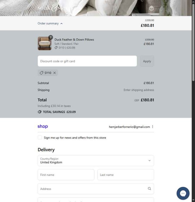 Soak and Sleep checkout page showing Soak and Sleep discount code box | Screenshot taken by SimplyCodes community member on Aug 29, 2025