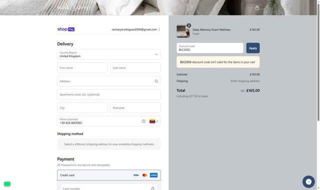 Soak and Sleep checkout page showing Soak and Sleep discount code box | Screenshot taken by SimplyCodes community member on Aug 27, 2025
