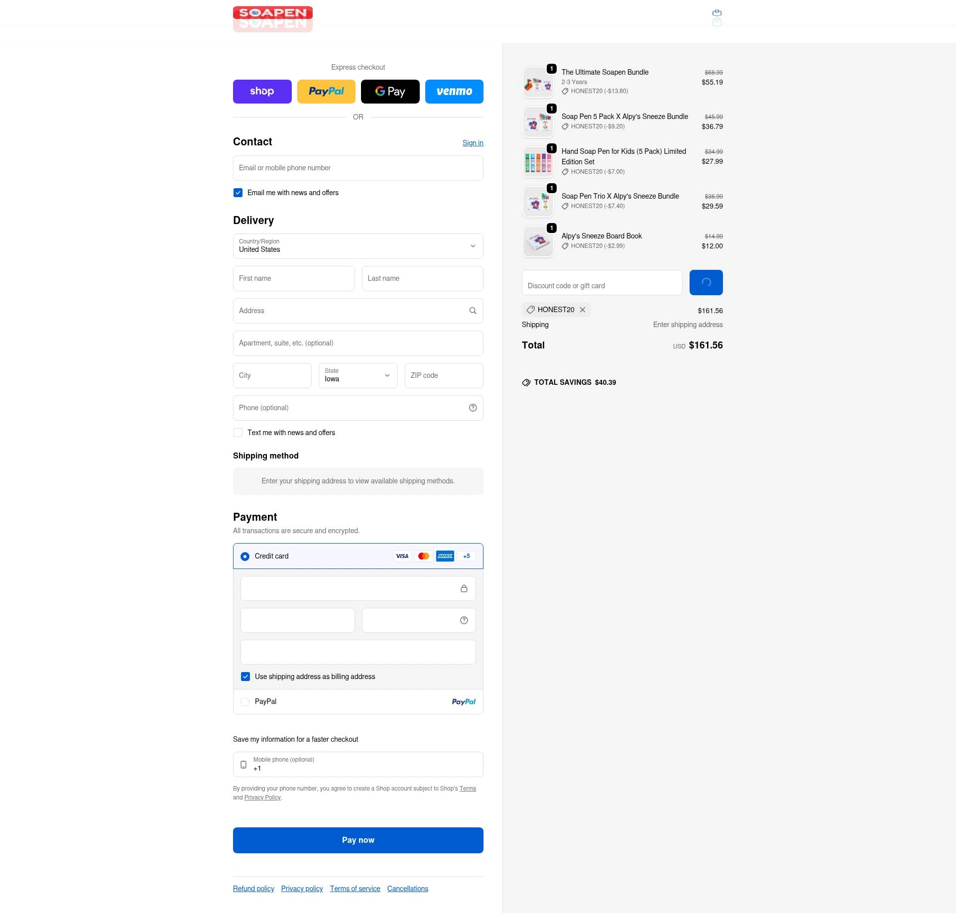 SoaPen checkout page showing SoaPen promo code box | Screenshot taken by SimplyCodes community member on Feb 20, 2026