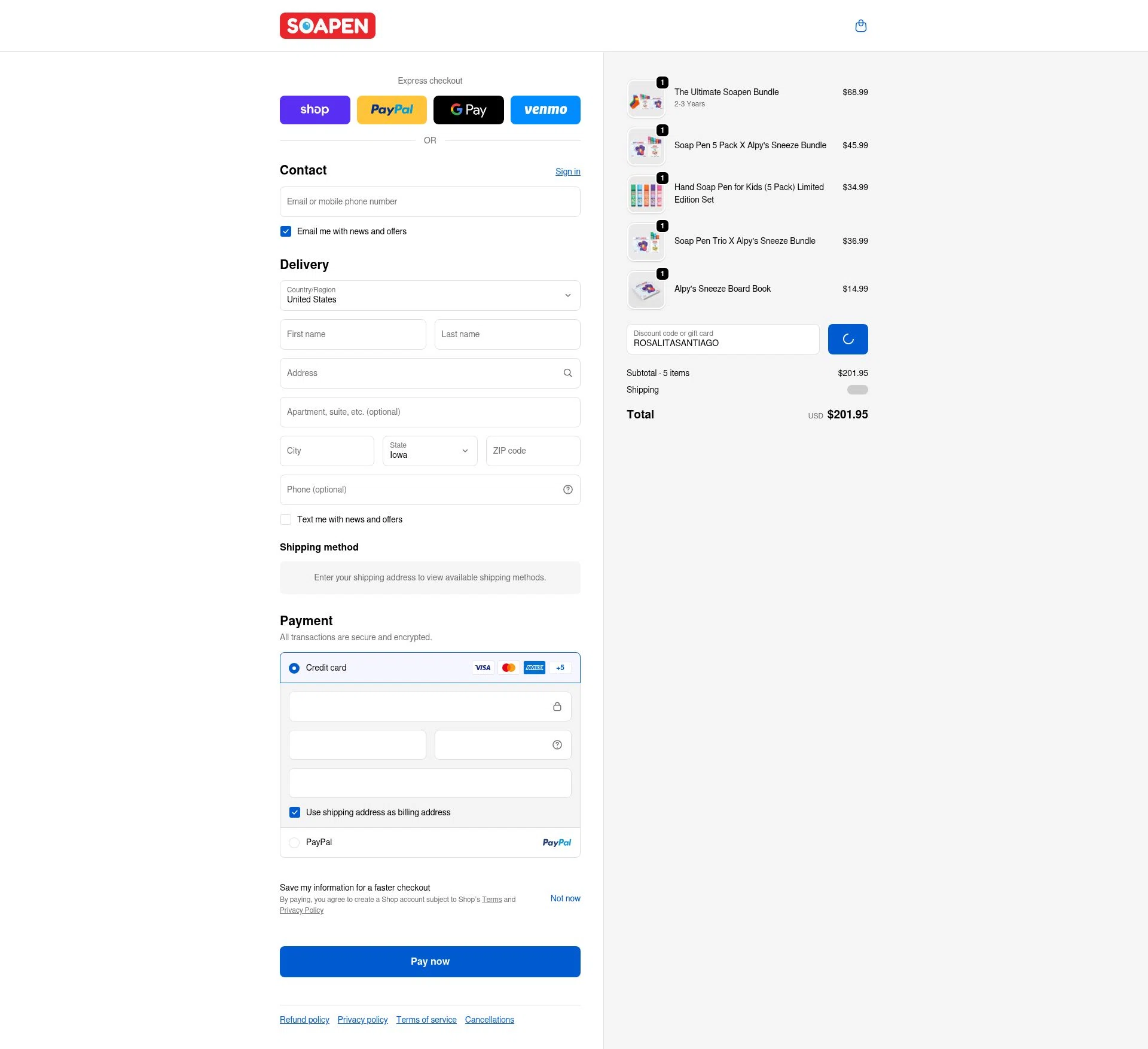 SoaPen checkout page showing SoaPen promo code box | Screenshot taken by SimplyCodes community member on Feb 16, 2026