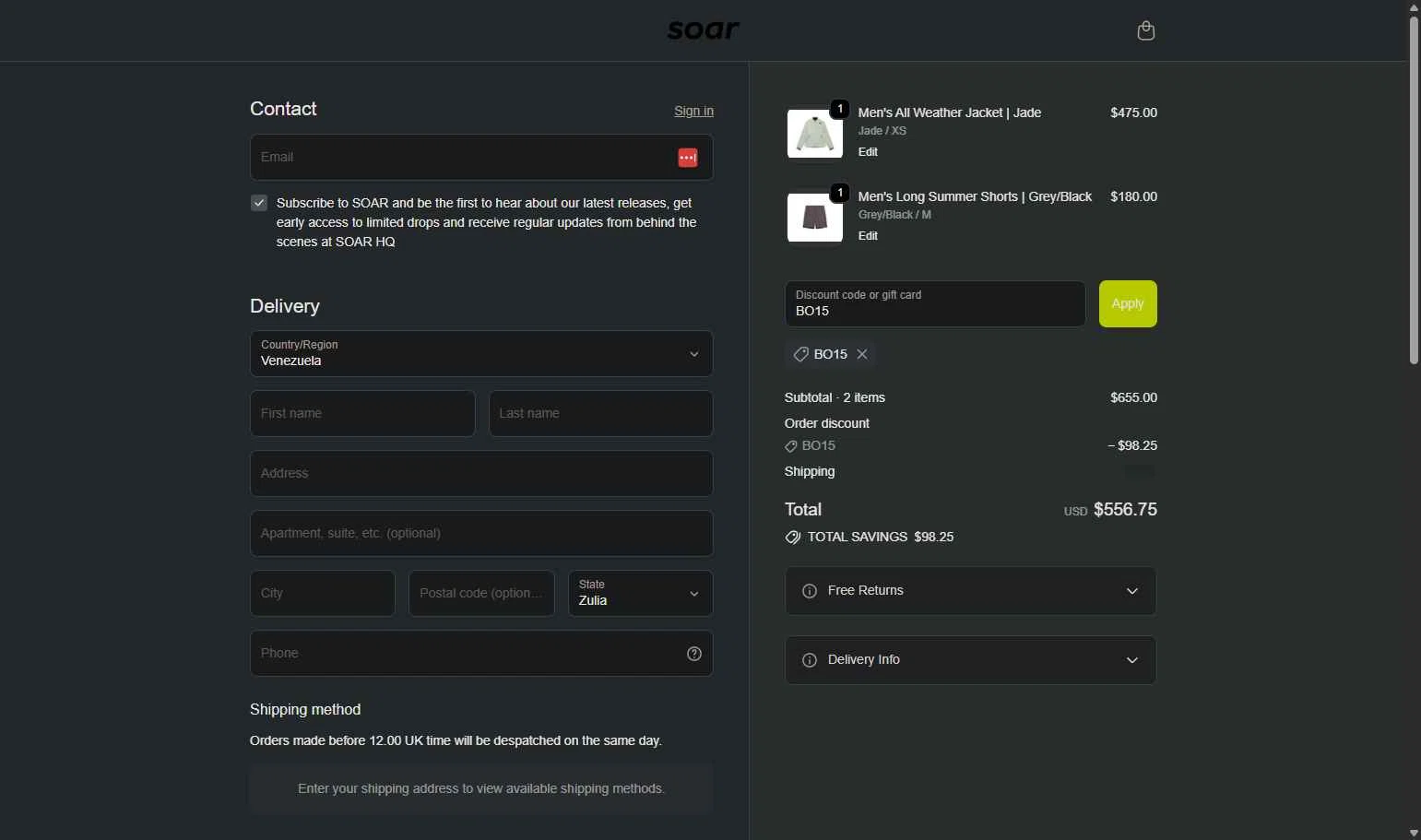 SOAR Running checkout page showing SOAR Running promo code box | Screenshot taken by SimplyCodes community member on Oct 22, 2025