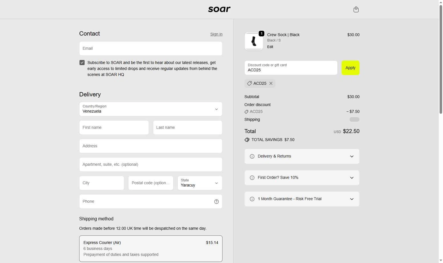SOAR Running checkout page showing SOAR Running promo code box | Screenshot taken by SimplyCodes community member on Jan 15, 2026