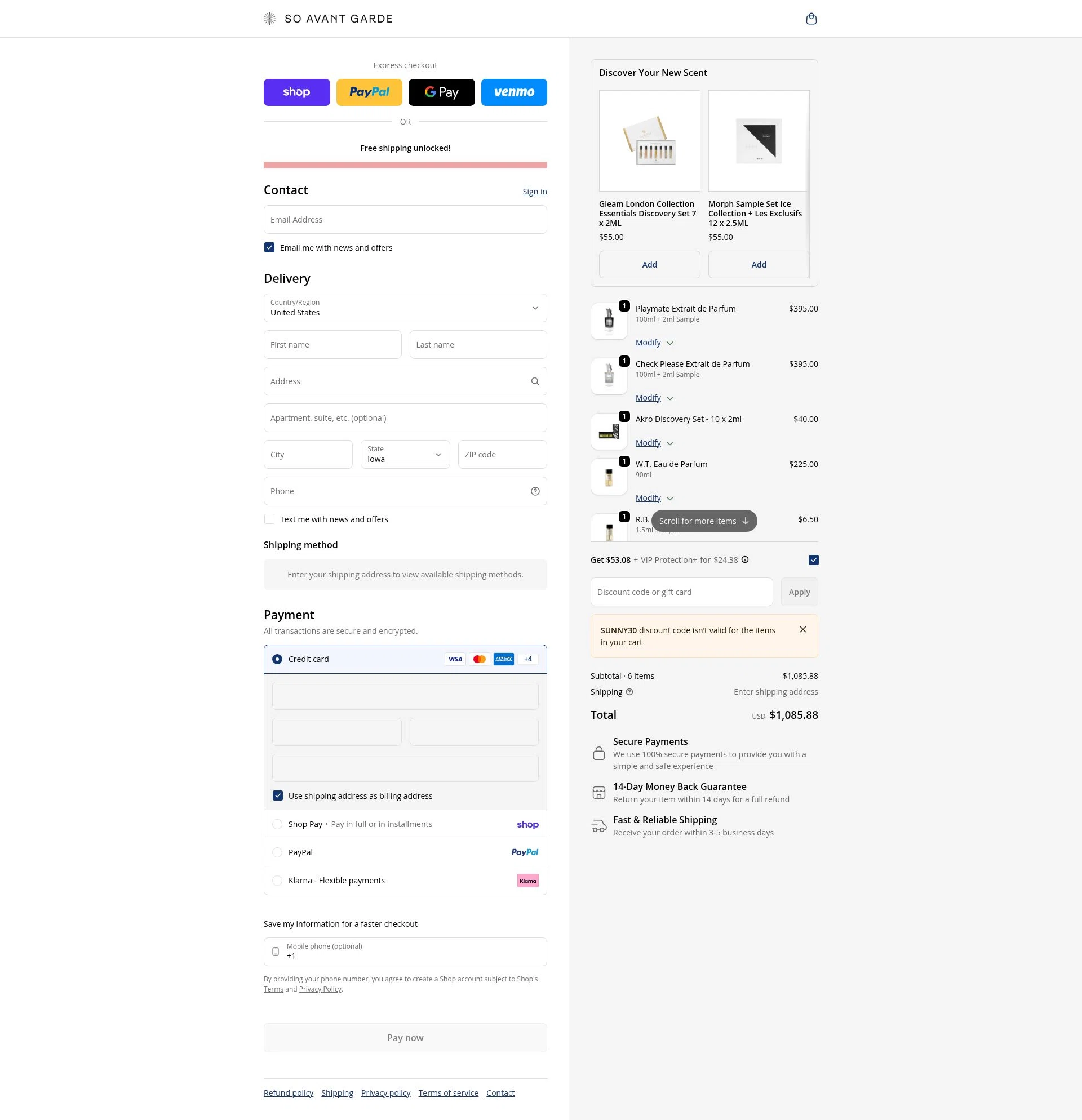 So Avant Garde checkout page showing So Avant Garde discount code box | Screenshot taken by SimplyCodes community member on Feb 24, 2026