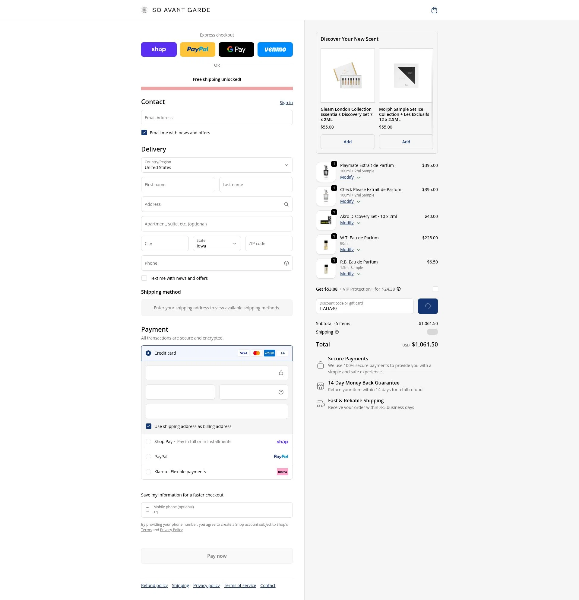 So Avant Garde checkout page showing So Avant Garde discount code box | Screenshot taken by SimplyCodes community member on Feb 24, 2026