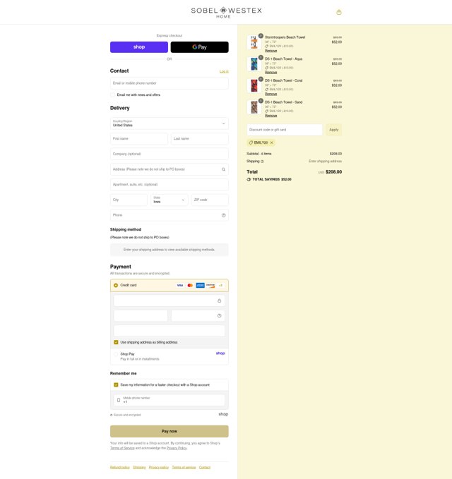 Sobel at Home checkout page showing Sobel at Home promo code box | Screenshot taken by SimplyCodes community member on Aug 28, 2025