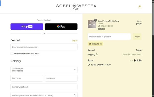 Sobel at Home checkout page showing Sobel at Home promo code box | Screenshot taken by SimplyCodes community member on Aug 24, 2025