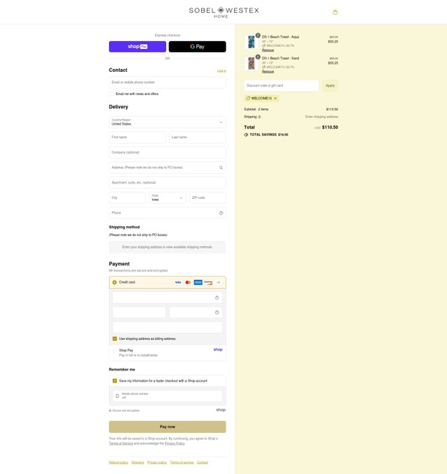 Sobel at Home checkout page showing Sobel at Home promo code box | Screenshot taken by SimplyCodes community member on Aug 24, 2025