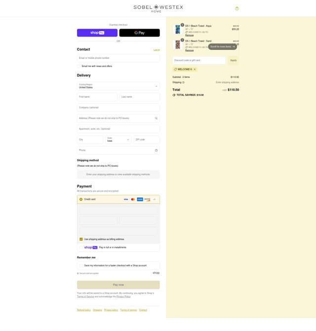 Sobel at Home checkout page showing Sobel at Home promo code box | Screenshot taken by SimplyCodes community member on Aug 7, 2025