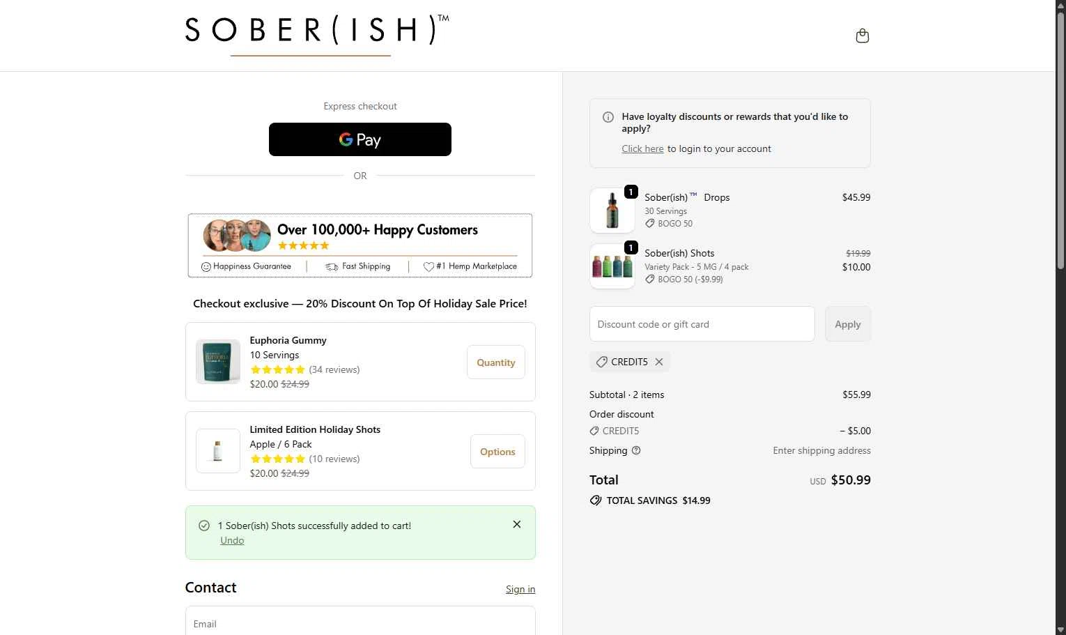 Sober(ish) checkout page showing Sober(ish) discount code box | Screenshot taken by SimplyCodes community member on Dec 16, 2025