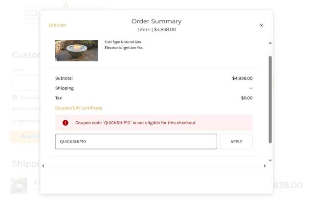 So-Cal Fire Pits checkout page showing So-Cal Fire Pits promo code box | Screenshot taken by SimplyCodes community member on Aug 27, 2025
