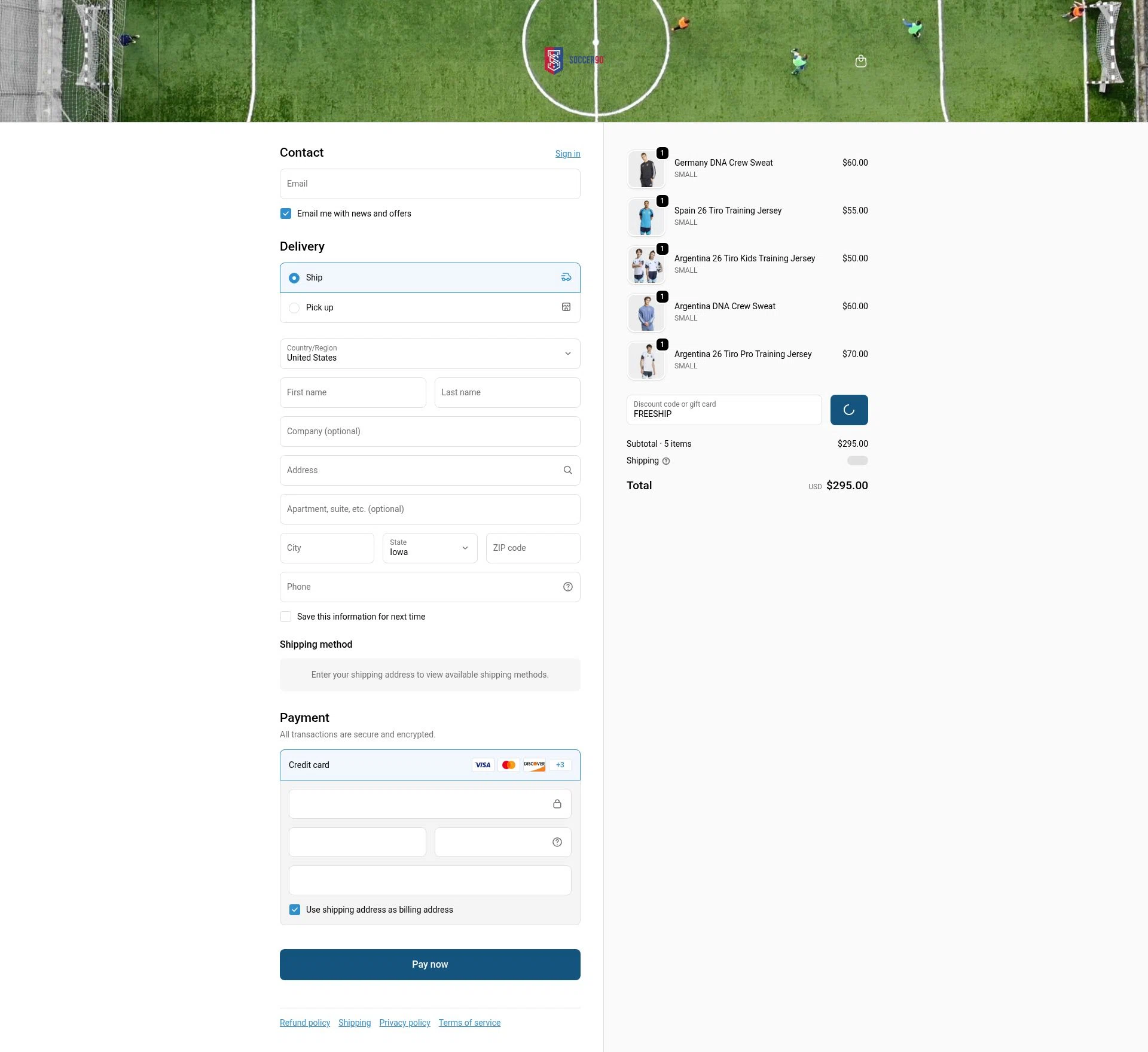 Soccer90 checkout page showing Soccer90 discount code box | Screenshot taken by SimplyCodes community member on Feb 5, 2026
