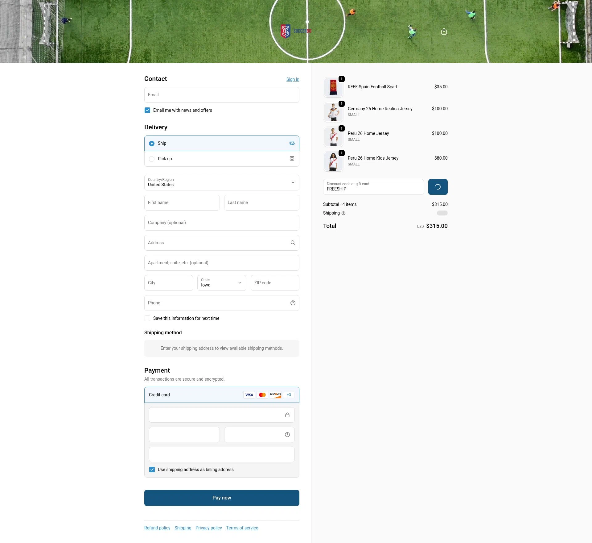 Soccer90 checkout page showing Soccer90 discount code box | Screenshot taken by SimplyCodes community member on Jan 31, 2026