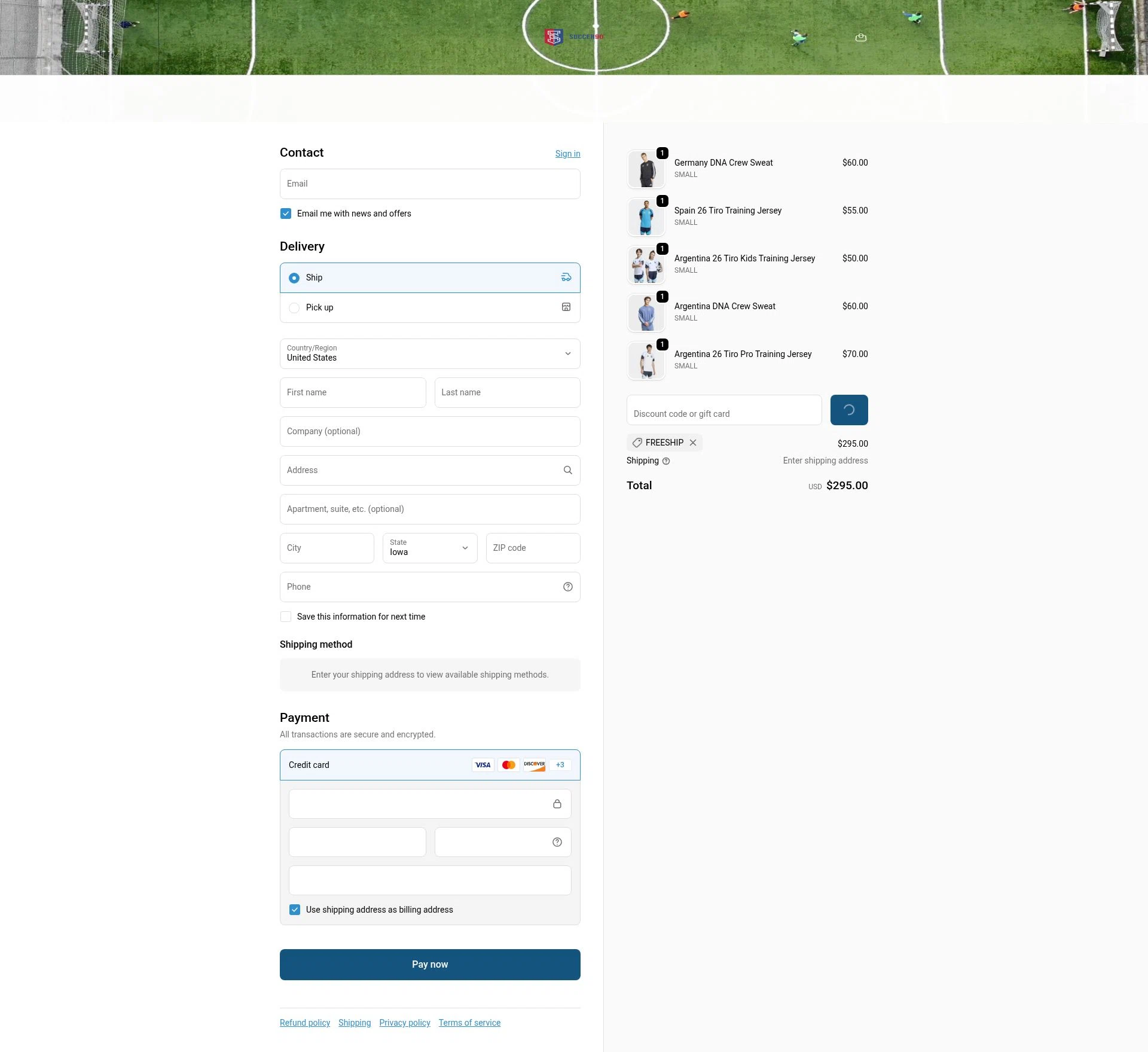 Soccer90 checkout page showing Soccer90 discount code box | Screenshot taken by SimplyCodes community member on Feb 9, 2026