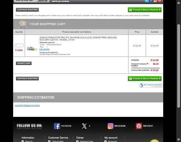 Soccer Garage checkout page showing Soccer Garage coupon code box | Screenshot taken by SimplyCodes community member on Nov 21, 2025