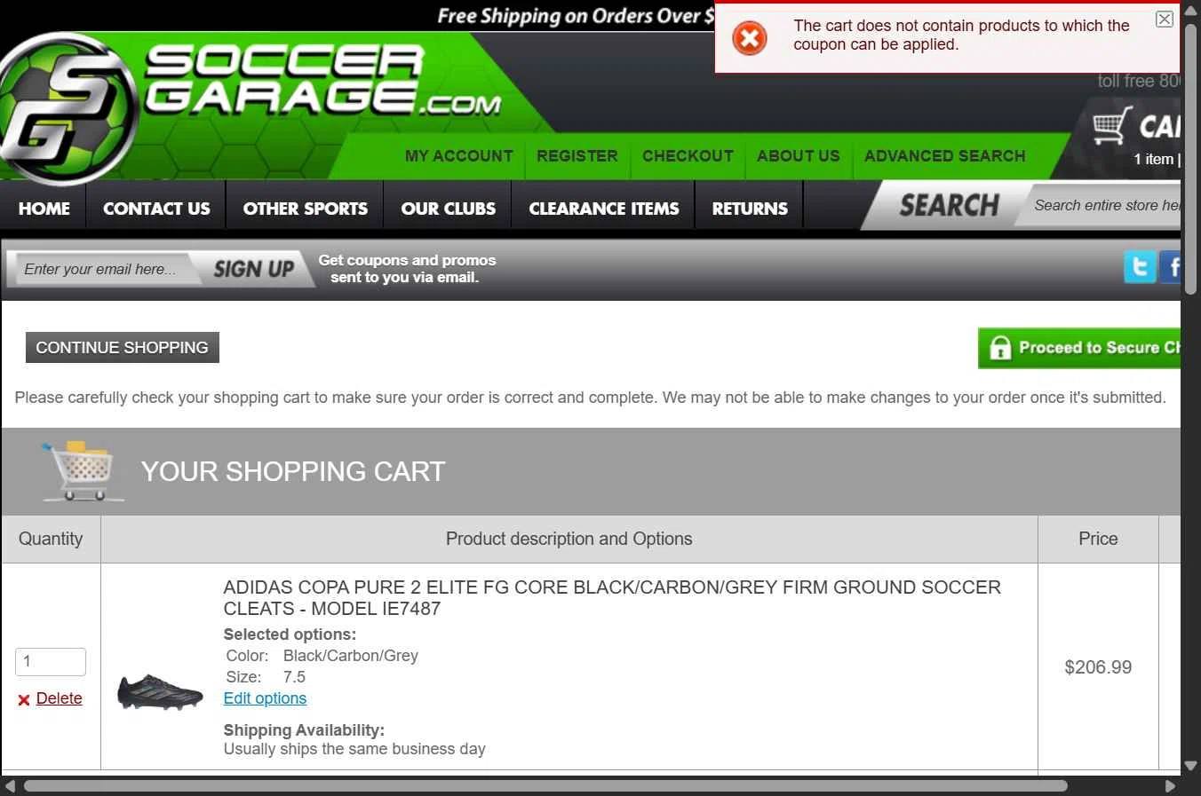 Soccer Garage checkout page showing Soccer Garage coupon code box | Screenshot taken by SimplyCodes community member on Nov 26, 2025