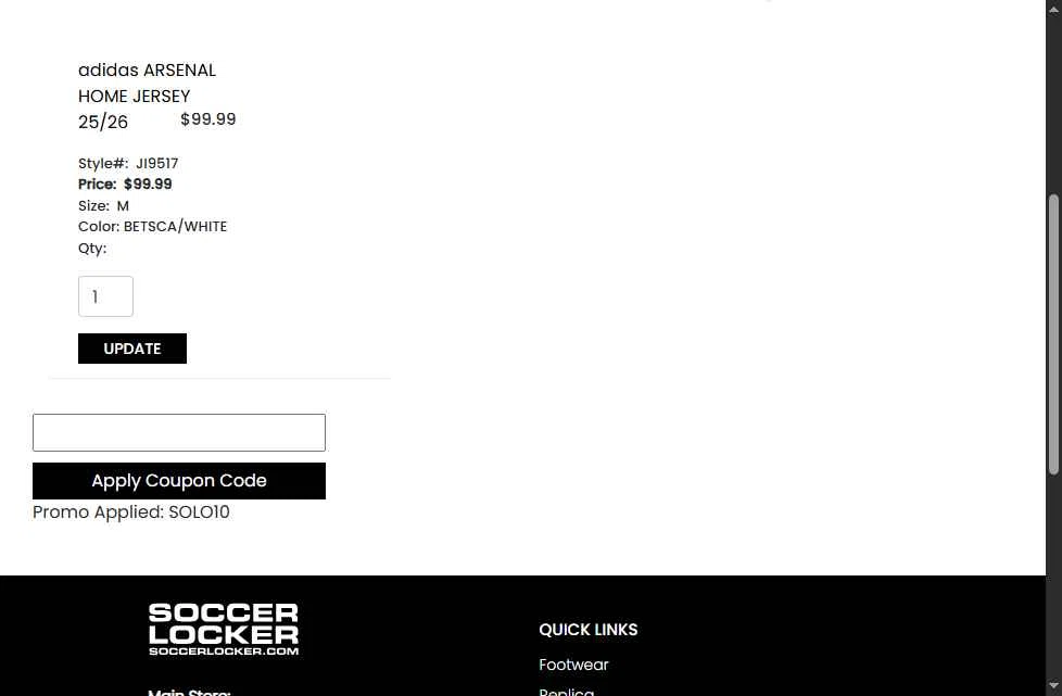 Soccer Locker checkout page showing Soccer Locker promo code box | Screenshot taken by SimplyCodes community member on Jan 12, 2026