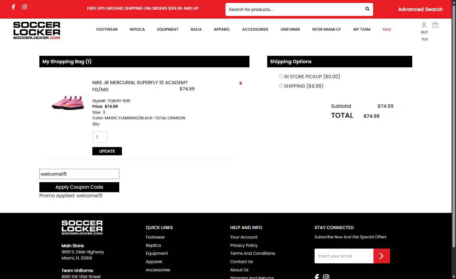 Soccer Locker checkout page showing Soccer Locker promo code box | Screenshot taken by SimplyCodes community member on Nov 16, 2025