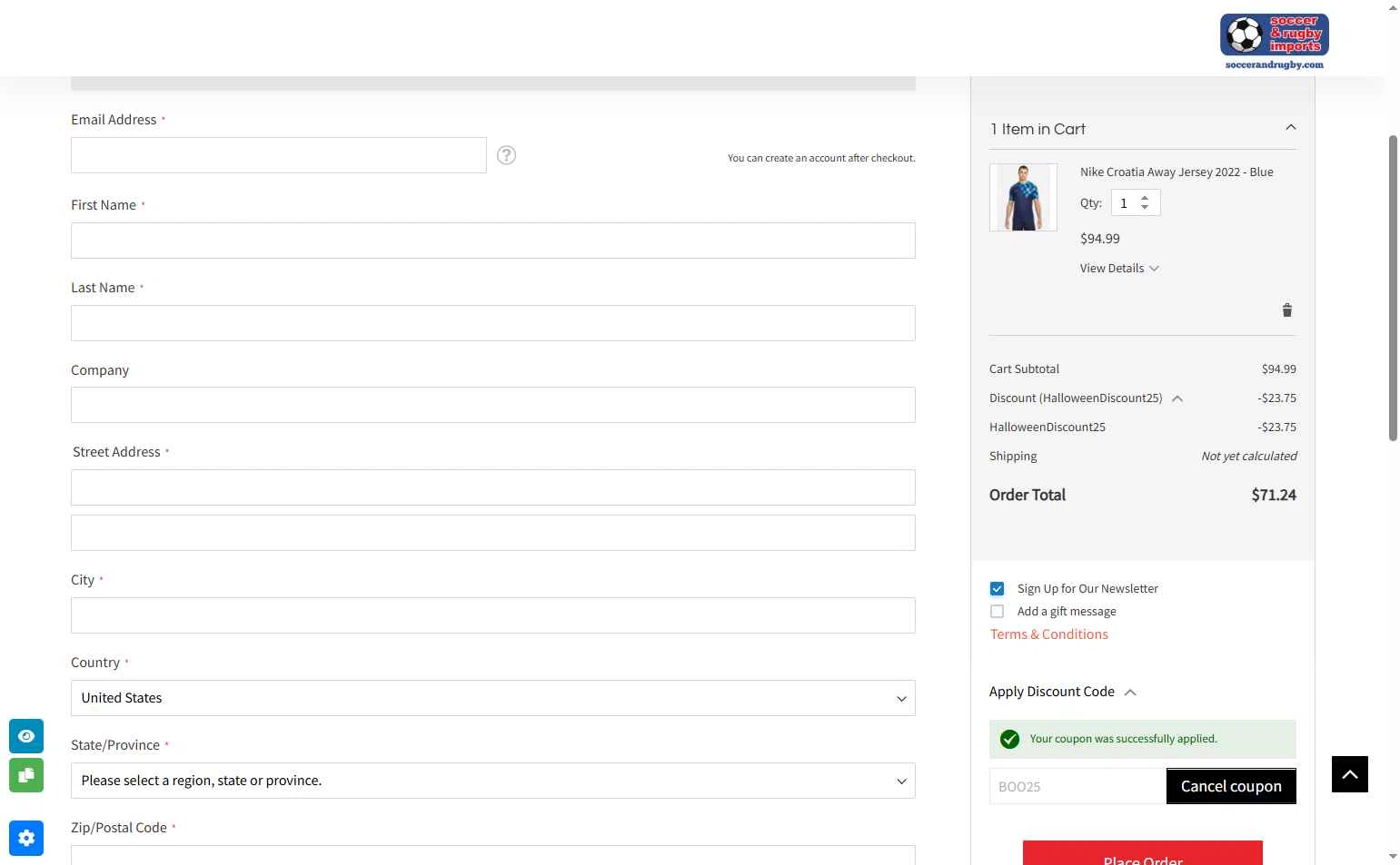 Soccer and Rugby Imports checkout page showing Soccer and Rugby Imports promo code box | Screenshot taken by SimplyCodes community member on Oct 29, 2025