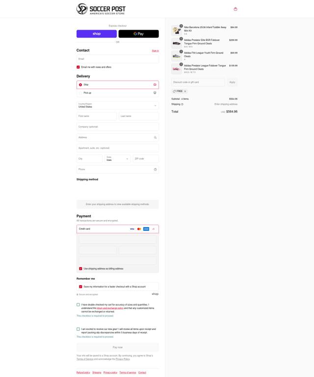 Soccer Post checkout page showing Soccer Post promo code box | Screenshot taken by SimplyCodes community member on Sep 12, 2025
