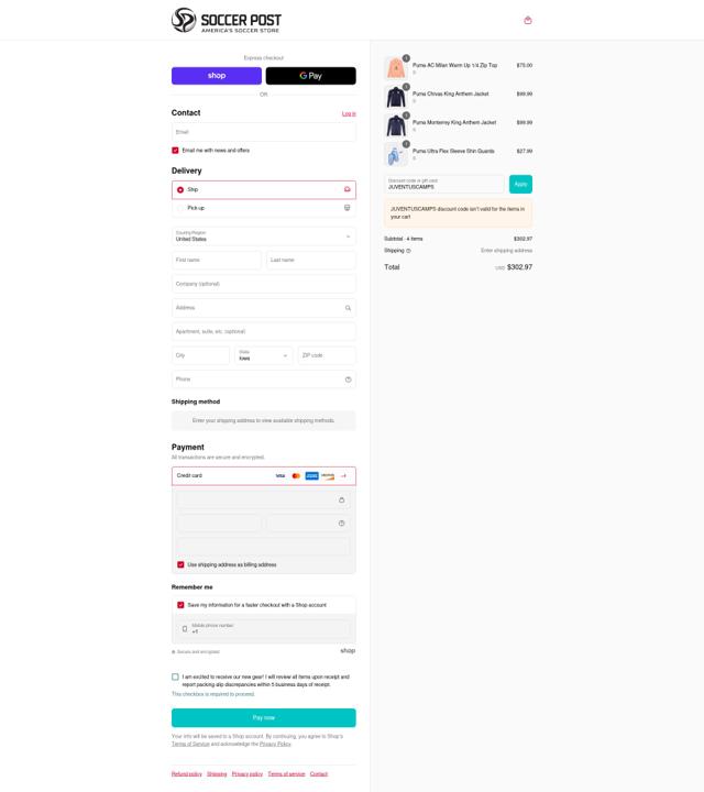 Soccer Post checkout page showing Soccer Post promo code box | Screenshot taken by SimplyCodes community member on Sep 4, 2025