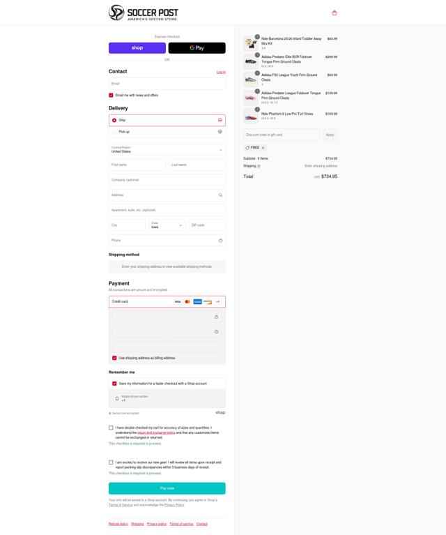 Soccer Post checkout page showing Soccer Post promo code box | Screenshot taken by SimplyCodes community member on Sep 8, 2025