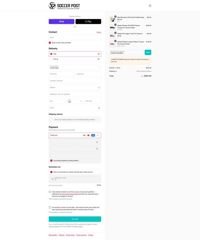 Soccer Post checkout page showing Soccer Post promo code box | Screenshot taken by SimplyCodes community member on Sep 12, 2025