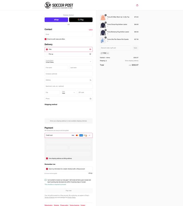 Soccer Post checkout page showing Soccer Post promo code box | Screenshot taken by SimplyCodes community member on Sep 4, 2025