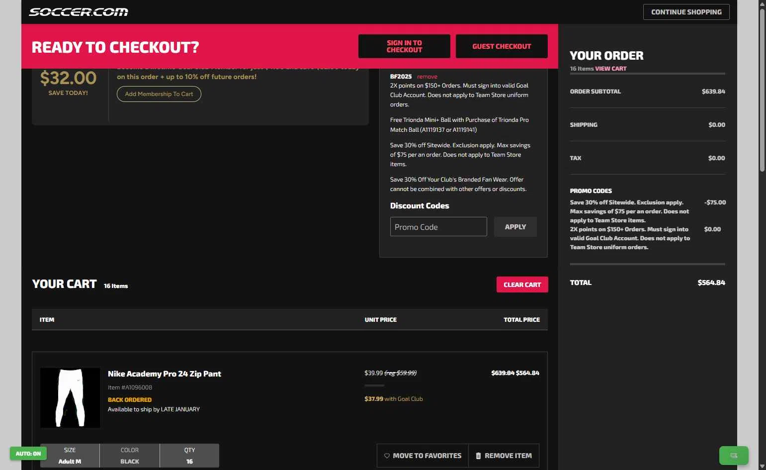 SoccerPro.com checkout page showing SoccerPro.com coupon code box | Screenshot taken by SimplyCodes community member on Nov 25, 2025