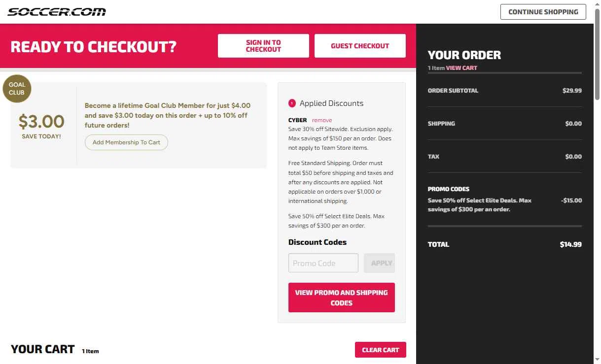 SoccerPro.com checkout page showing SoccerPro.com coupon code box | Screenshot taken by SimplyCodes community member on Dec 23, 2025