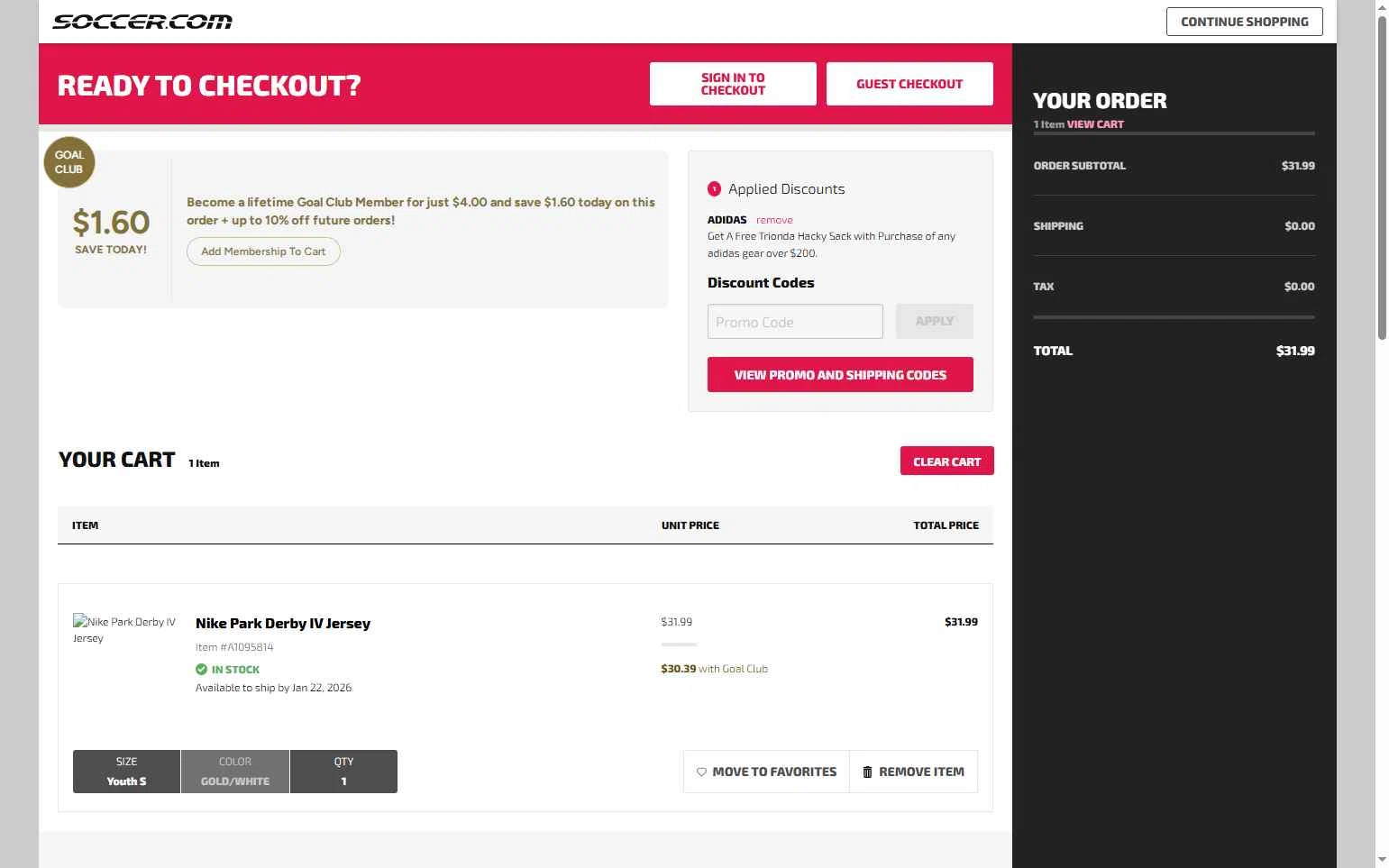 SoccerPro.com checkout page showing SoccerPro.com coupon code box | Screenshot taken by SimplyCodes community member on Jan 22, 2026