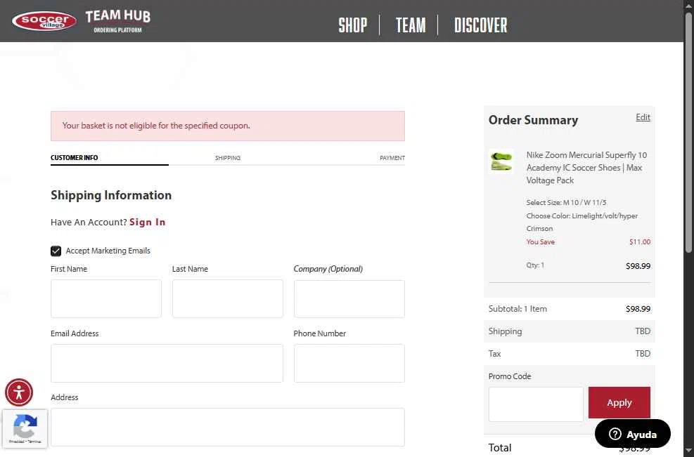 Soccer Village checkout page showing Soccer Village coupon code box | Screenshot taken by SimplyCodes community member on Dec 1, 2025