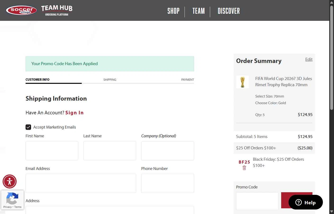 Soccer Village checkout page showing Soccer Village coupon code box | Screenshot taken by SimplyCodes community member on Nov 27, 2025