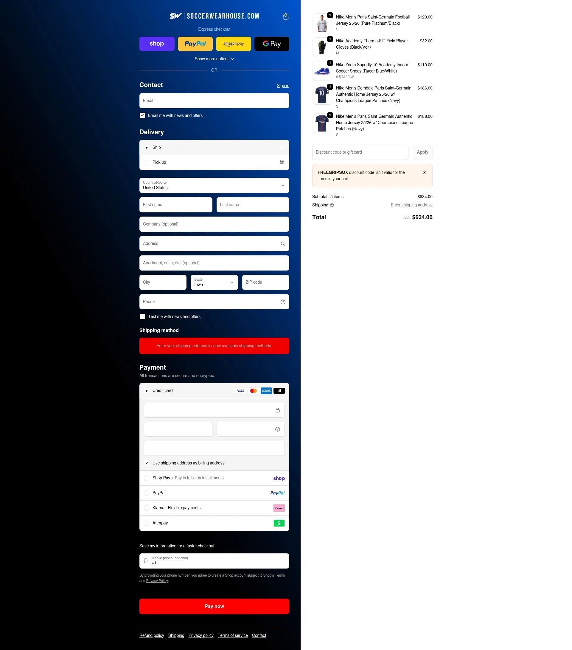 Soccer Wearhouse checkout page showing Soccer Wearhouse discount code box | Screenshot taken by SimplyCodes community member on Feb 18, 2026