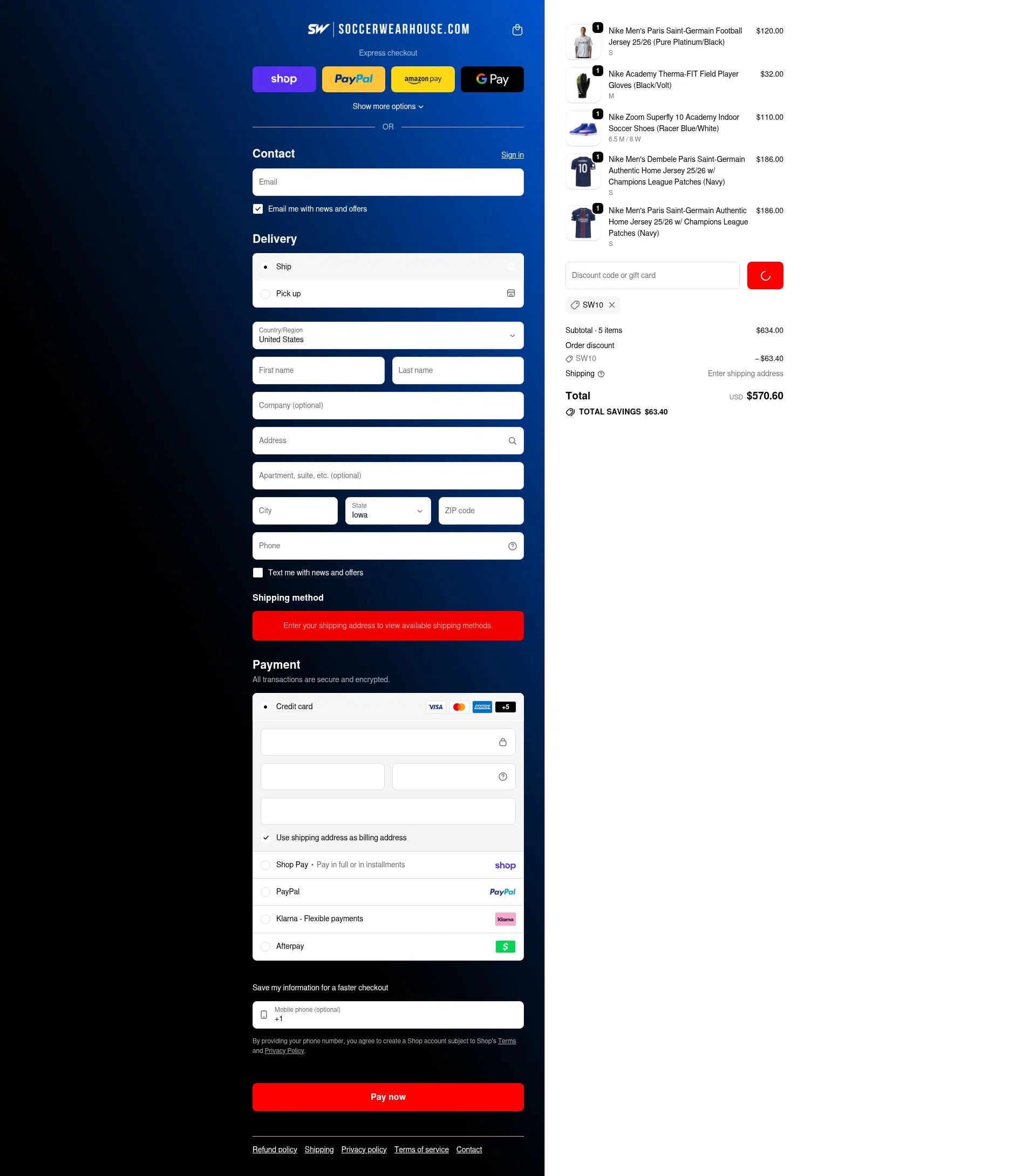 Soccer Wearhouse checkout page showing Soccer Wearhouse discount code box | Screenshot taken by SimplyCodes community member on Feb 18, 2026