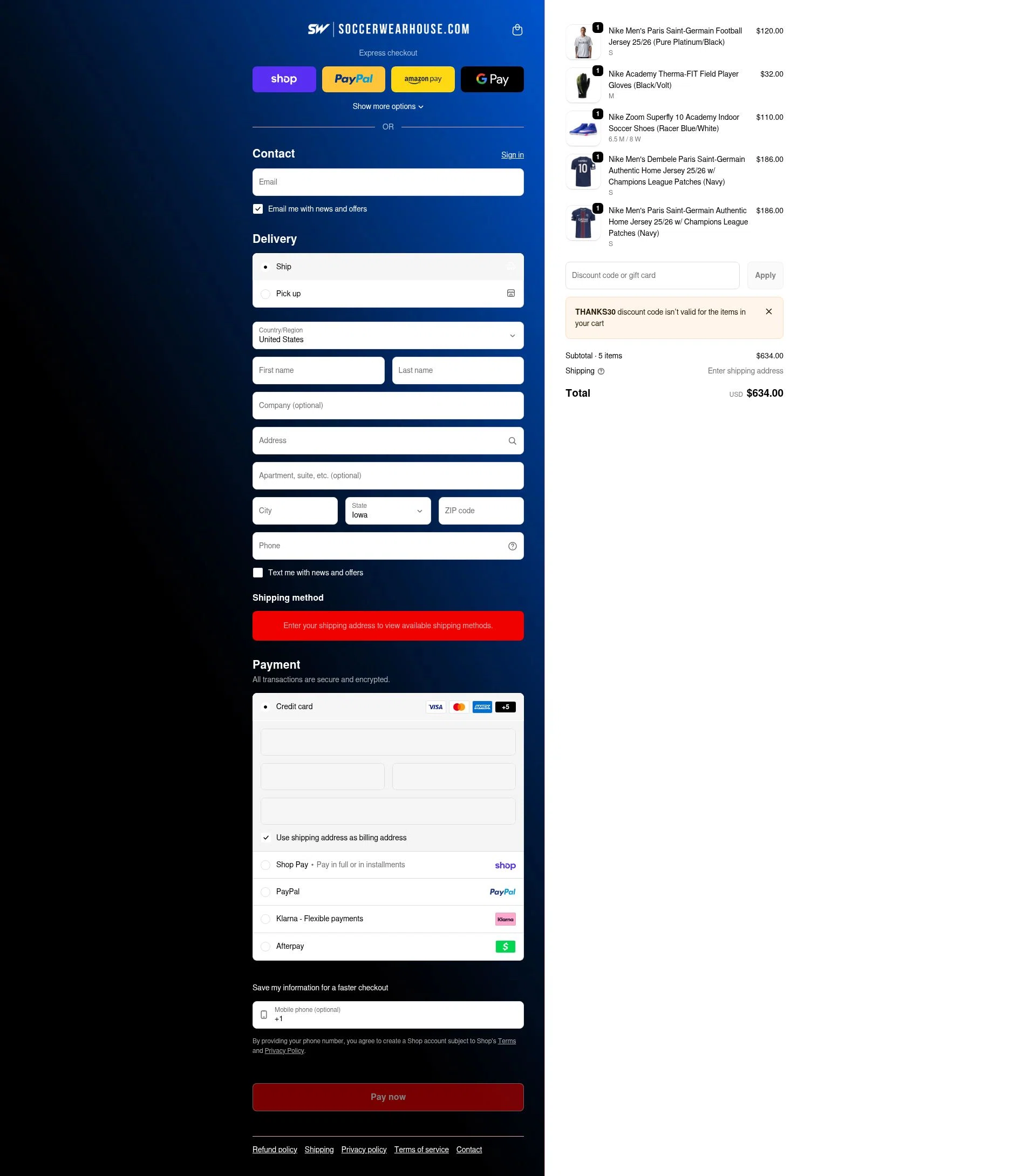 Soccer Wearhouse checkout page showing Soccer Wearhouse discount code box | Screenshot taken by SimplyCodes community member on Feb 18, 2026