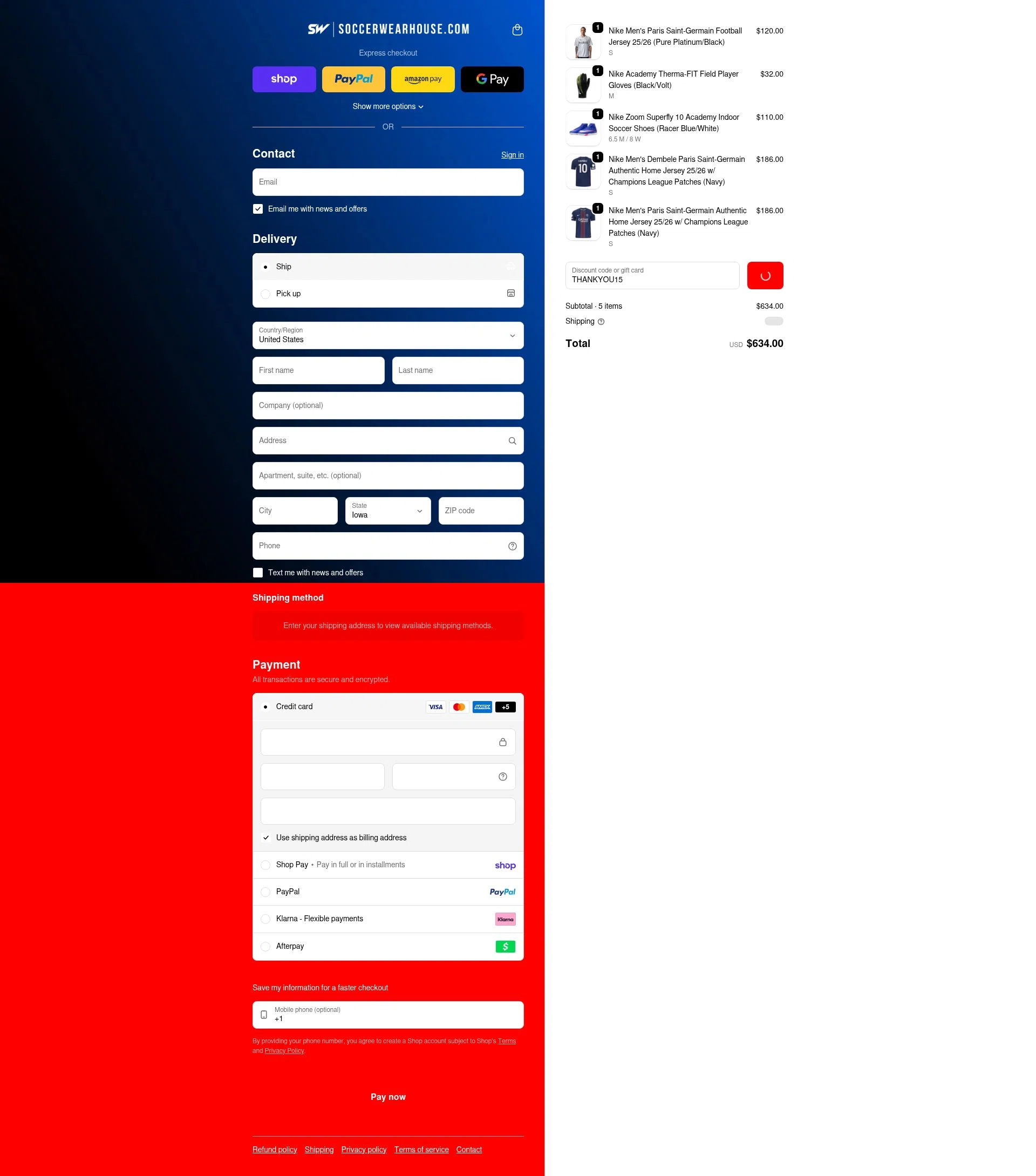 Soccer Wearhouse checkout page showing Soccer Wearhouse discount code box | Screenshot taken by SimplyCodes community member on Feb 18, 2026